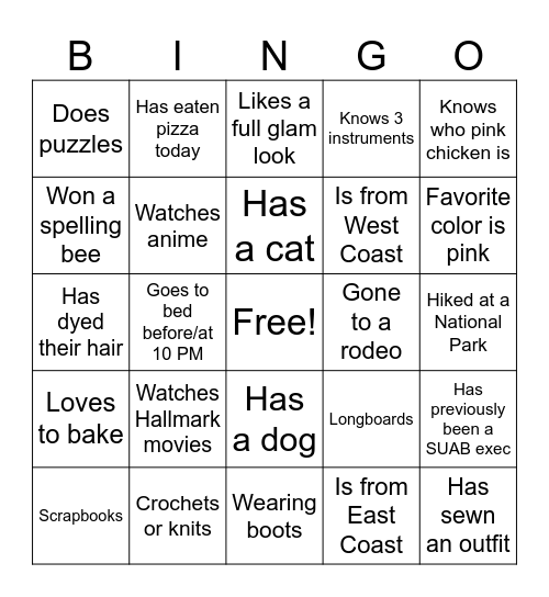 Getting To Know You Blackout Bingo Card