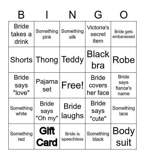 Dory's Lingerie Shower Bingo Card