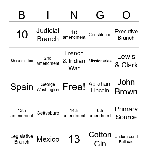 Beginning of Year - History BINGO Card