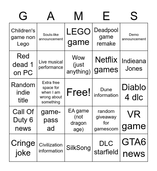 Gamescom 2024 Bingo Card