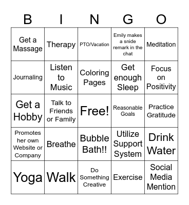 Self Care UwU Bingo Card