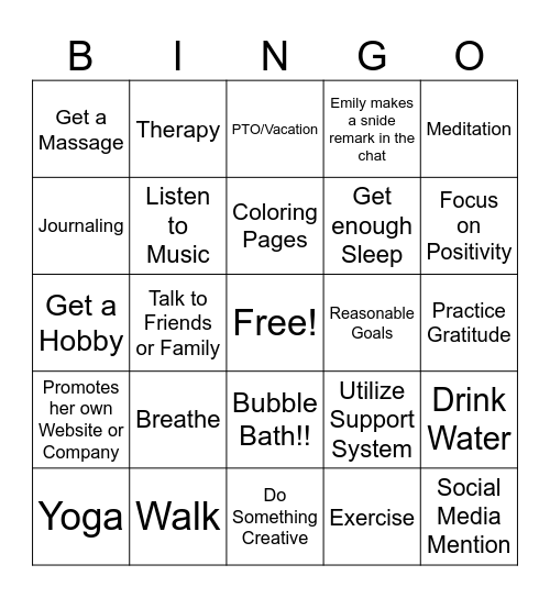 Self Care UwU Bingo Card