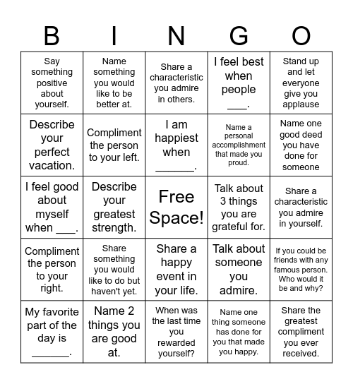 Self-Esteem Bingo! Bingo Card