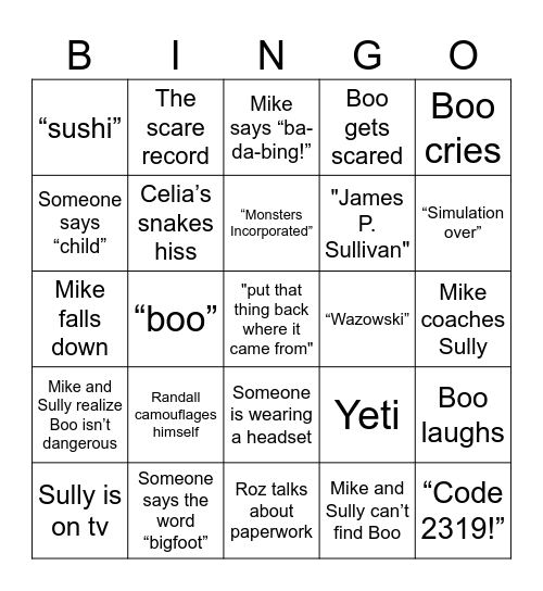 Monsters Inc Bingo Card