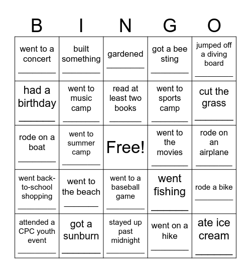 Get to know you(th) Bingo Card