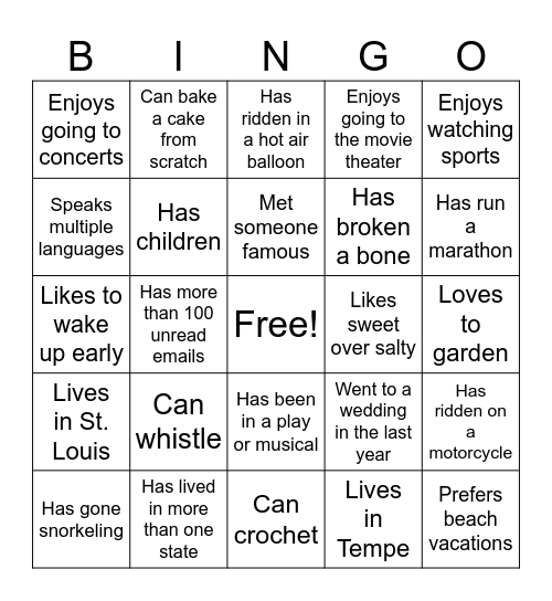 Get To Know You Bingo Card