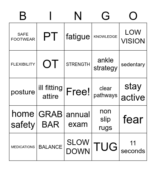 FALL PREVENTION Bingo Card