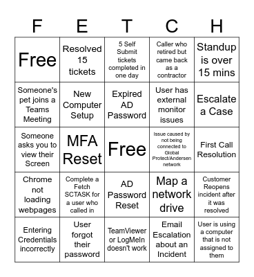 Fetch Service Desk BINGO Card