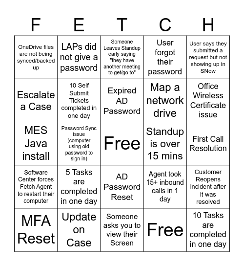 Fetch Service Desk BINGO Card