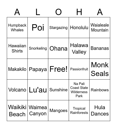 Hawaii Bingo Card
