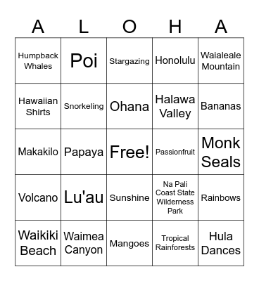 Hawaii Bingo Card