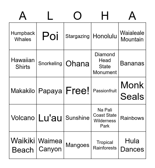 Hawaii Bingo Card