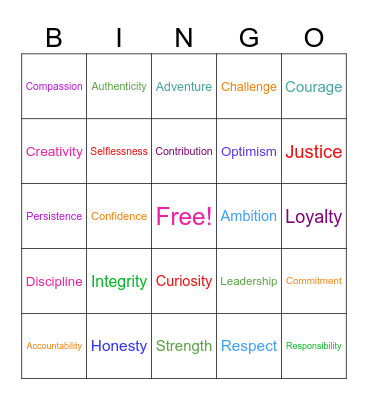 Values Bingo Card