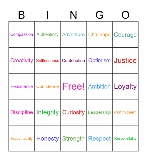 Values Bingo Card