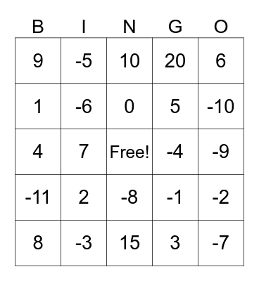 Integer Addition Bingo Card