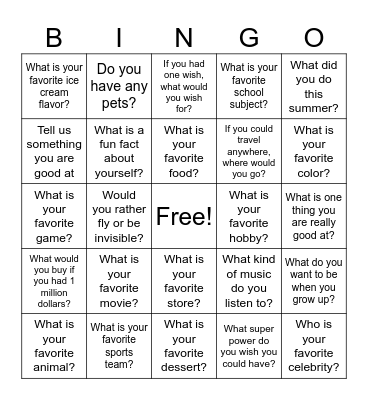 Break the Ice Bingo Card