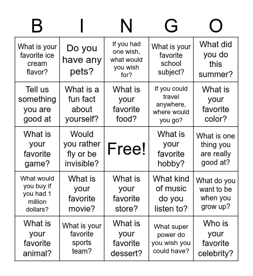 Break the Ice Bingo Card