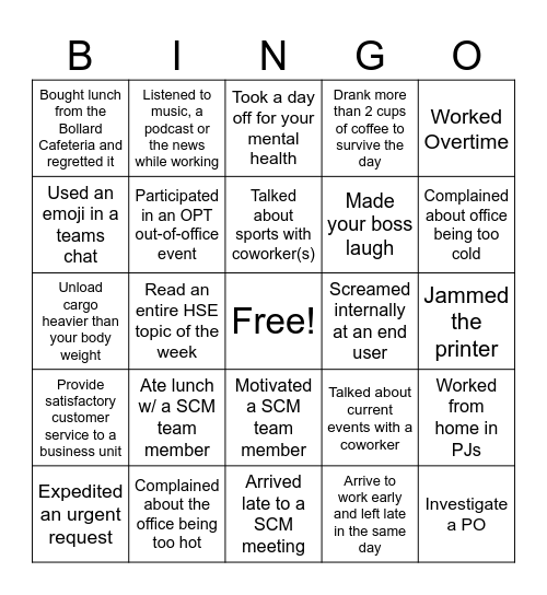 SCM Bingo Card