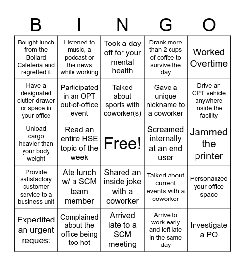 SCM Bingo Card