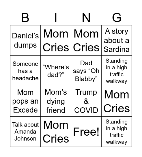 Stratman Family Bingo Card