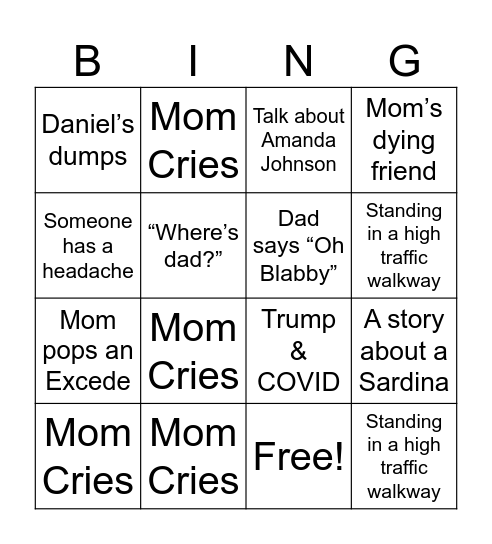 Stratman Family Bingo Card