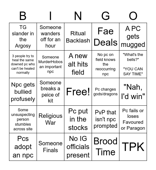 Back half of Season: TG Bingo Card