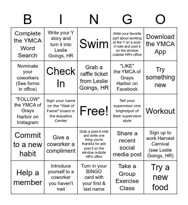 YMCA Employee Appreciation Bingo Card