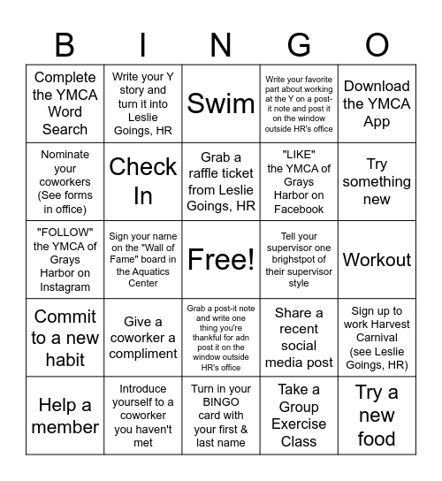 YMCA Employee Appreciation Bingo Card