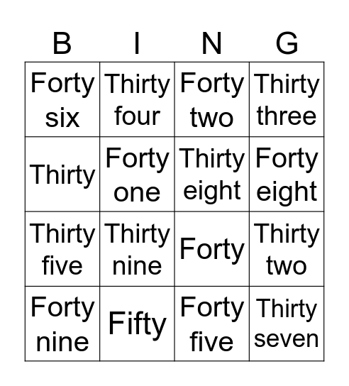 Number Names 30-50 Bingo Card