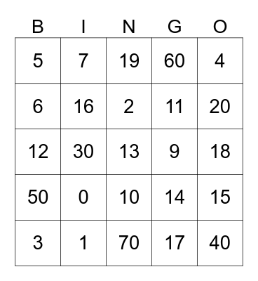 Numeros Bingo Card