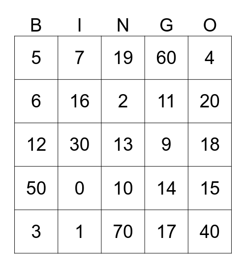 Numeros Bingo Card