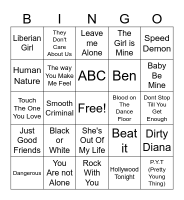 Michael Jackson Bingo Card
