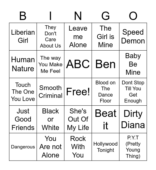 Michael Jackson Bingo Card