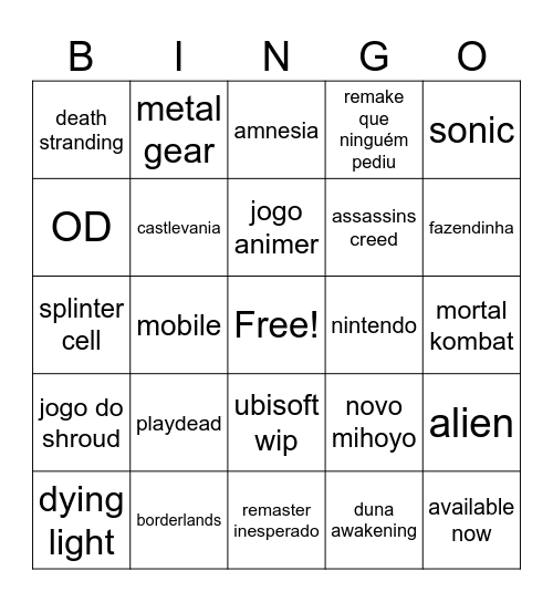 gamescon Bingo Card