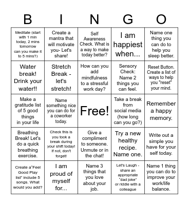 Wellness Bingo - Nursing Staff Bingo Card