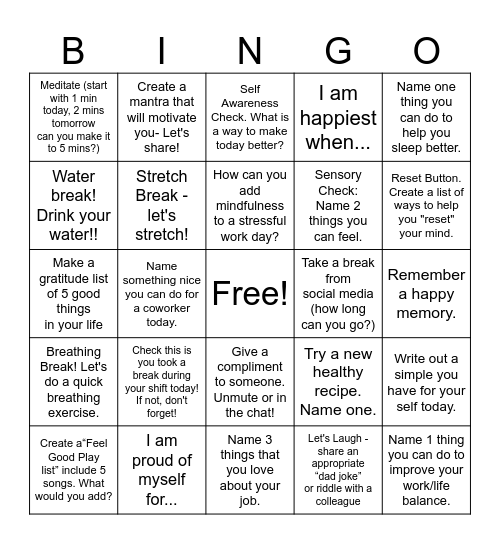 Wellness Bingo - Nursing Staff Bingo Card