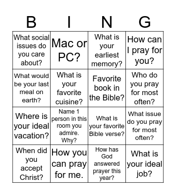 Getting To Know You Bingo Card