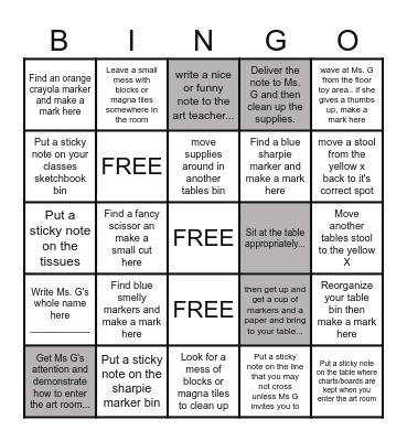 First Day Art Class Bingo!! Bingo Card