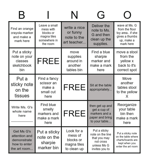 First Day Art Class Bingo!! Bingo Card