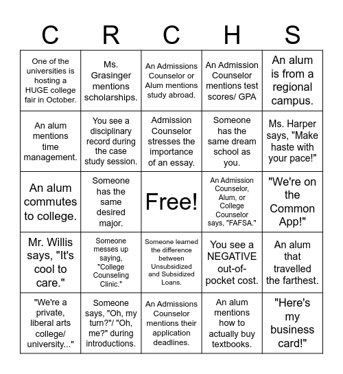 College Counseling Clinic Bingo! Bingo Card