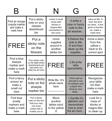 First Day Art Class Bingo!! Bingo Card