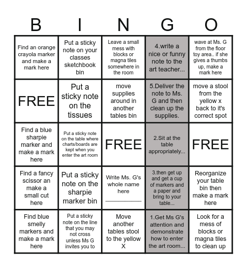 First Day Art Class Bingo!! Bingo Card