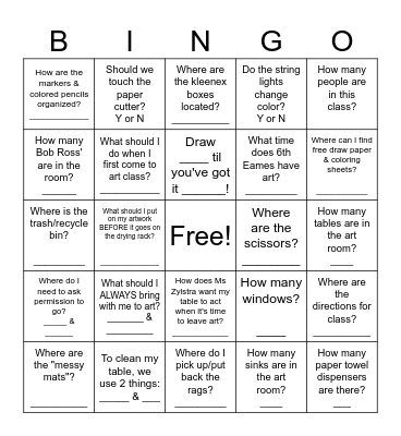 Art Room Bingo! Bingo Card