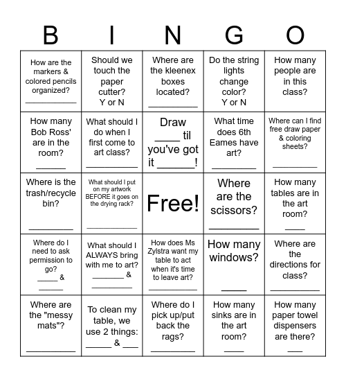 Art Room Bingo! Bingo Card