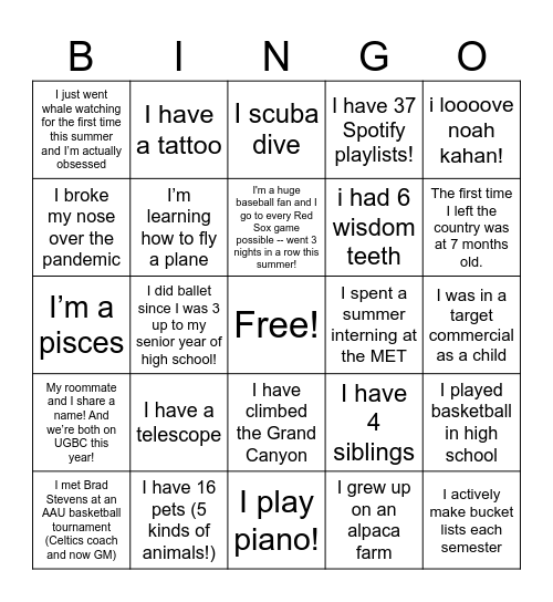 UGBC Bingo Board Bingo Card