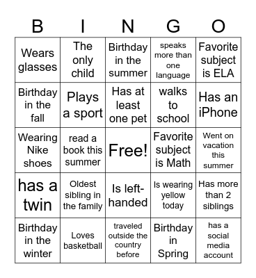 All About Me Bingo Card