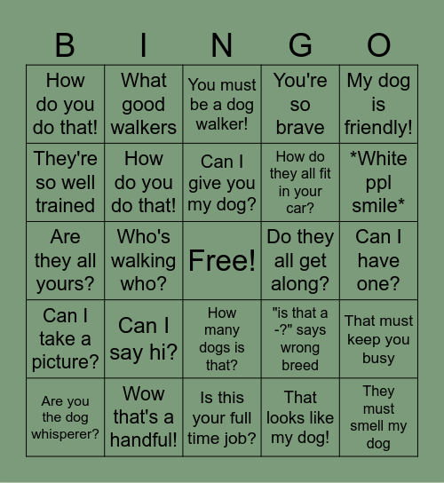 Dog Walker BINGO Card