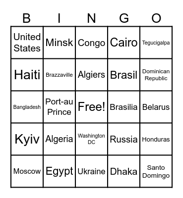 My Country Bingo Card Bingo Card