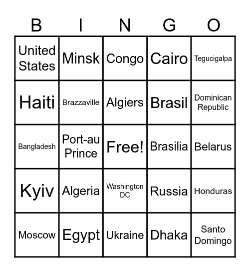 My Country Bingo Card Bingo Card