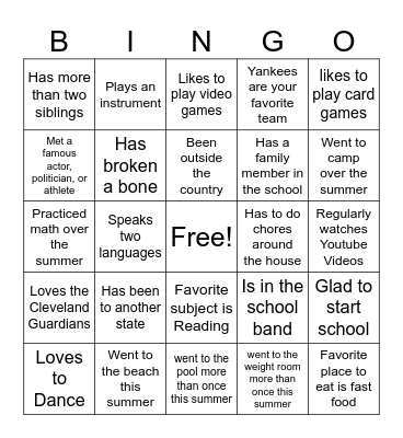 First Day of School Bingo Card